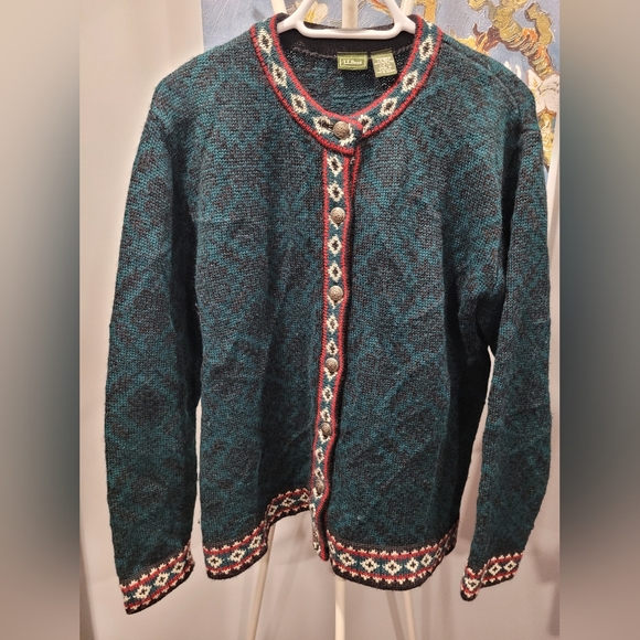 Vintage LL BEAN Nordic Fair Isle Button Cardigan Merino Wool Size Large - Picture 7 of 7
